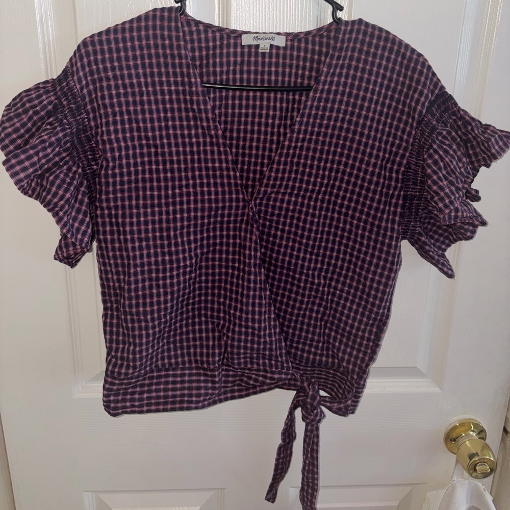 Madewell Pink and Purple Checked Wrap Tie Blouse